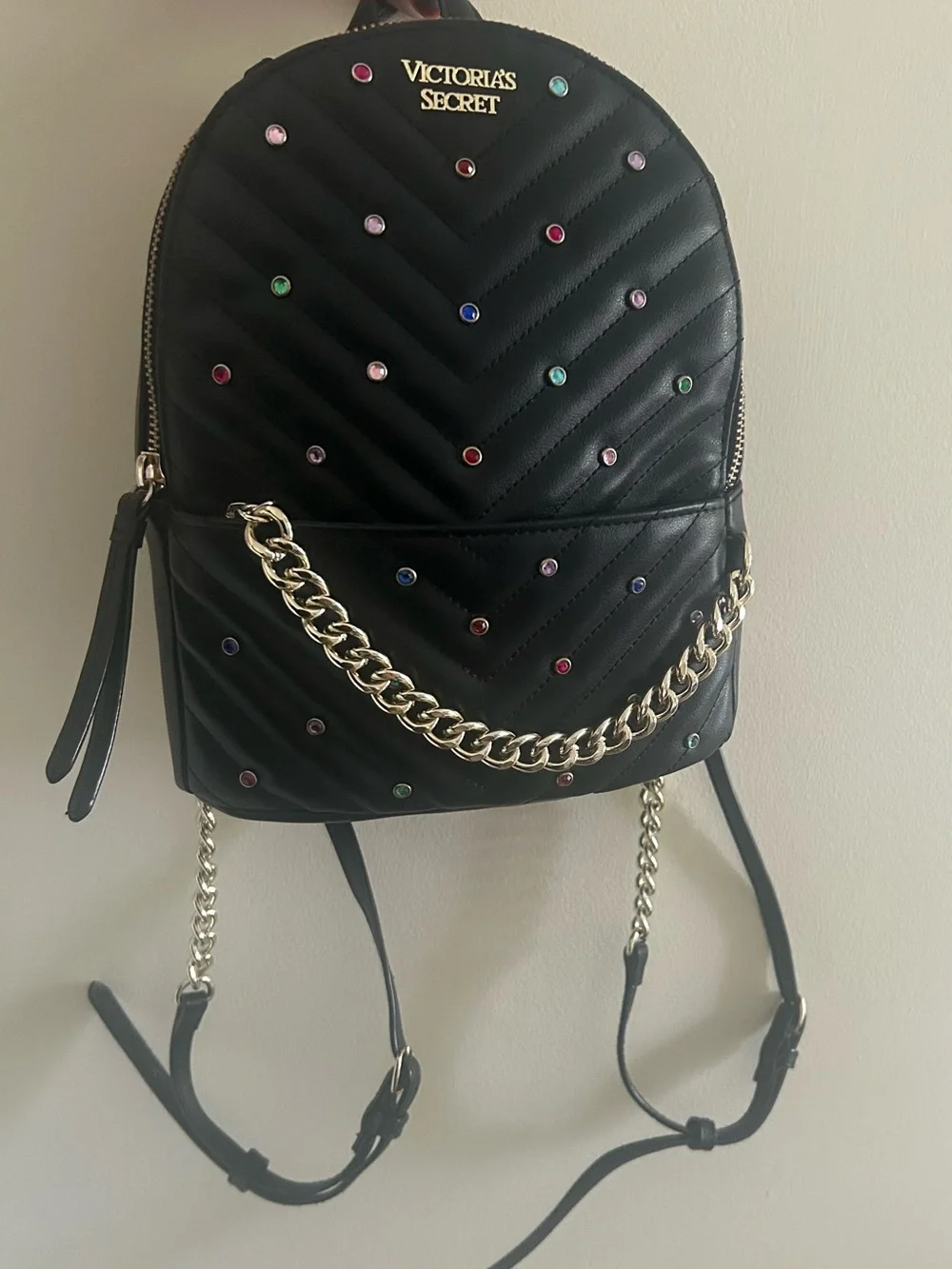 Victoria's Secret Black Quilted Mini Backpack with Multicolor Studs